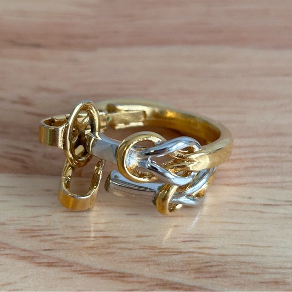 Crown Trifari Gold Silver Tone Knot Hoop Earrings - Picture 8 of 11